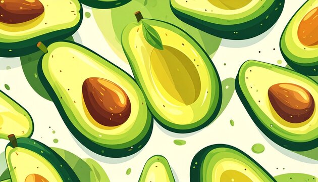 Vibrant and abstract avocado pattern with fresh and colorful sliced avocados. Perfect for banners and wallpapers, trendy exotic touch to any design. Ideal for diet, vegan, or healthy lifestyles seed