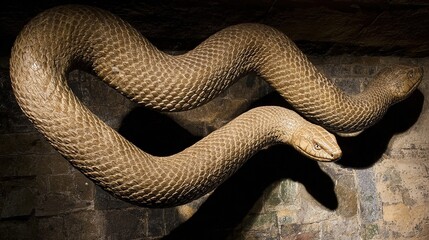 A fossilized two-headed serpent emerging dramatically from stone under museum lighting, evoking ancient mysteries.