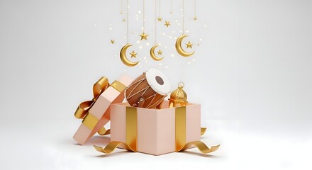 A delightful gift box spills open revealing Islamic holiday elements: a drum, lantern, crescent moons, and stars, symbolizing Ramadan joy and blessings.