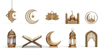 Collection of Islamic Ramadan and Eid decorative elements in gold: crescent moons, mosque, stars, lantern, Quran, lotus, archway.