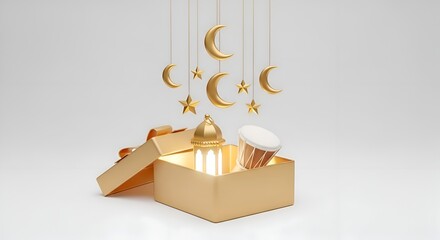 Golden gift box overflowing with Ramadan and Eid decorations: lantern, drum, crescent moons, and stars, on a white background.