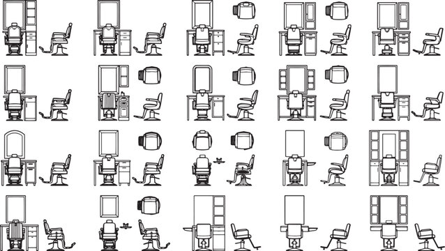 Barber shop interior plan design in a vector line art style, showcasing a comprehensive layout with a top view, perfect for architects and designers.