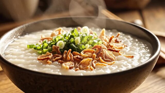 A steaming bowl of congee with green onions and crispy shallots, served hot and savory.