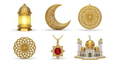 Collection of golden Islamic decorative symbols: ornate mosque, crescent moon, star, lantern, mandala, and pendant with gemstone.