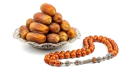 Traditional Islamic feast elements: a bowl of ripe dates and a prayer bead rosary (tasbih) for Ramadan and Eid, isolated on white.