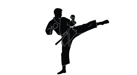 Martial arts silhouette man in karate uniform kicking with sword dynamic fighting stance isolated on white background © Shovon