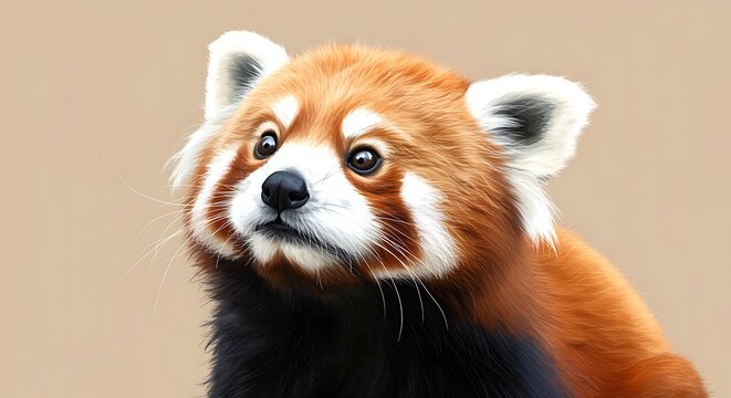 Closeup of red panda looking up with white markings on face and ears and black body on beige background