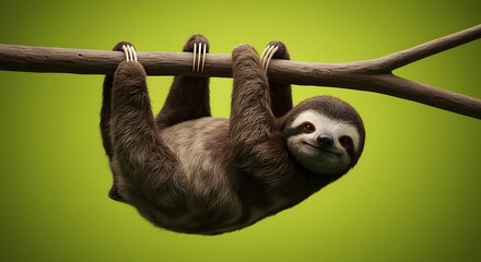 Fototapeta premium Sloth hanging upside down from a branch with green background smiling at the camera with claws digging into wood cute animal