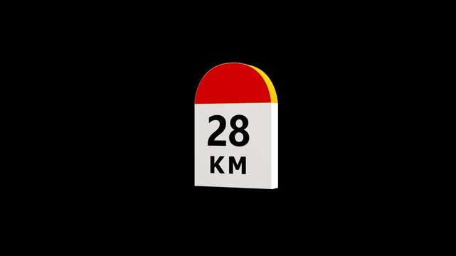 3d destination mile stone animation number of 28 KM. set of road side distance detail. small stone landmark by the roadside. Motion graphics of view road KM
