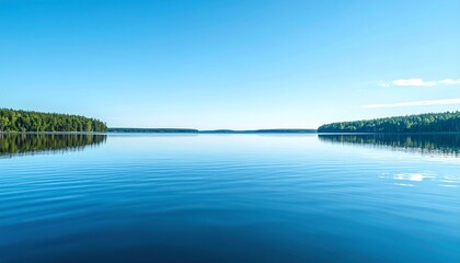 Obraz premium Serene Lake Landscape - Calm Waters Reflecting a Clear Blue Sky.