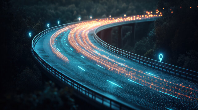 curved bridge road with digital waypoint icons connected by light trail, strategic planning visualization, modern business tone
