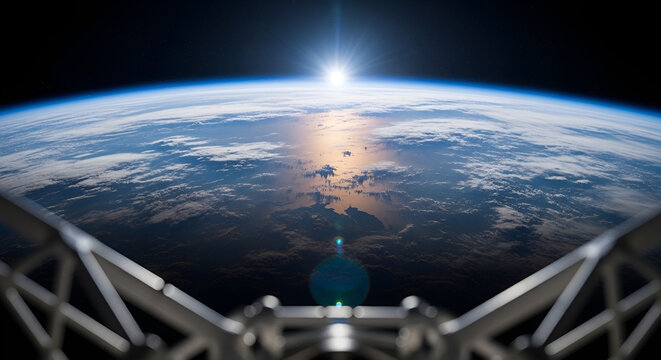 Satellite in orbit views Earth from space with sunlight reflecting off the atmosphere and clouds
