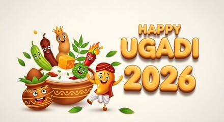 Naklejka premium Happy ugadi 2026 festival greeting with traditional elements and cartoon characters