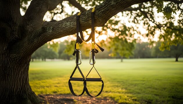 TRX suspension bands hanging on a tree branch for an outdoor fitness class concept, promoting bodyweight training and a healthy lifestyle