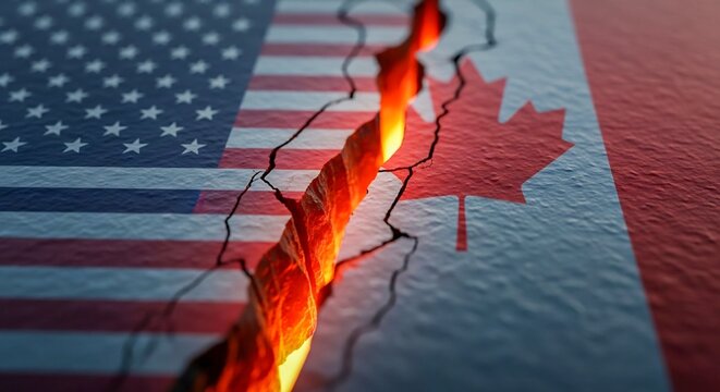 US-Canada Relations Rift, Cracked Flags with Lava Crack, Division Concept
