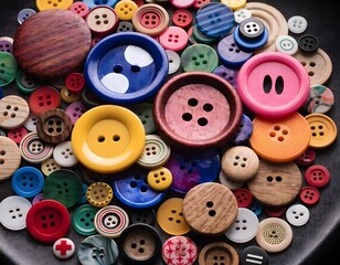 Colorful sewing buttons collection on white and wooden backgrounds
