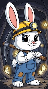 Cartoon rabbit miner in tunnel.