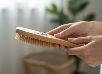 Close Up Of Hands Holding A Natural Bristle Body Brush For Dry Brushing Skin Care Routine Soft Focus Background With Green Plant And Diffused Light