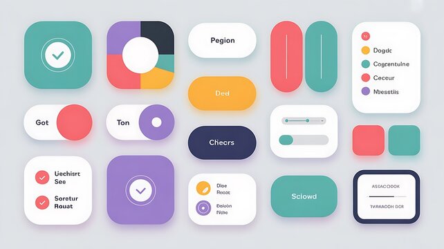 UI elements kit vector: buttons, toggles, sliders,
checkboxes, clean modern design, soft shadows, pastel color palette, for web & mobile interface design, flat vector style