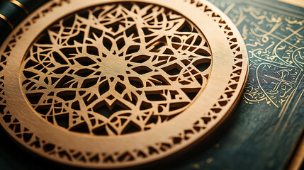 Obraz premium Intricate golden pattern on a decorative plate displayed on a vintage book cover with ornate designs