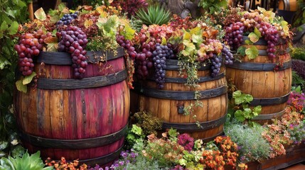 Naklejka premium Bountiful Grapes and Vibrant Flowers Arranged in Rustic Wooden Barrels in a Lush Garden Setting