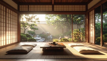 Fototapeta premium Serene Japanese Room with Garden View and Natural Light.