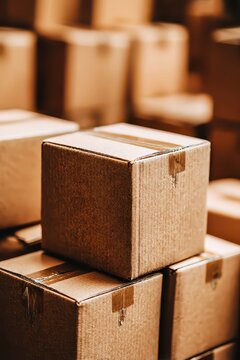 Stacked Brown Cardboard Boxes with Tape in a Warehouse Setting Under Warm Lighting, Organized for Storage and Delivery, Showing Texture and Depth of Field
