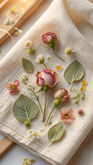 Beautiful dried flowers and green leaves on white linen fabric background with soft morning sunlight for aesthetic lifestyle spa and wellness concept