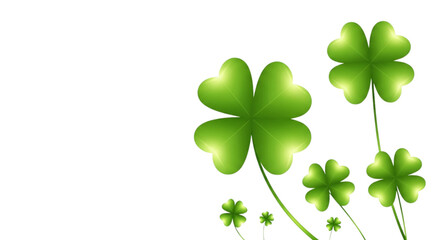 Lucky Green Four Leaf Clovers Growing on White Background for St Patricks Day, Good Fortune, Success, Spring