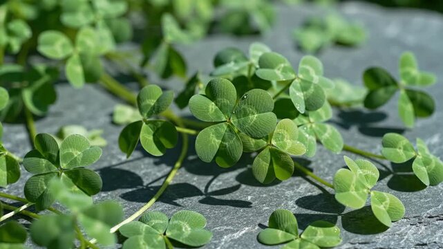 Fresh green four leaf clovers on grey stone surface in sunlight