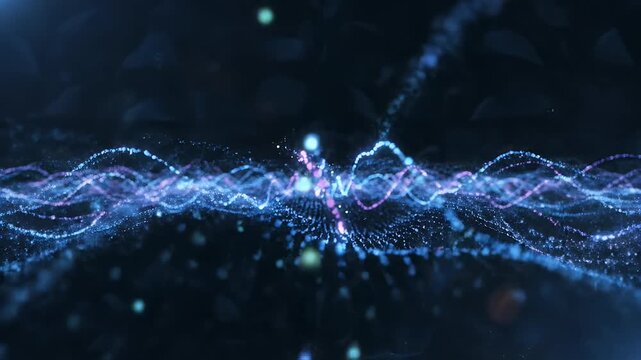 Abstract digital waves of light particles pulse through dark, ethereal space
