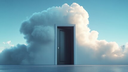 Open door in cloudscape surreal image of opportunity and transition