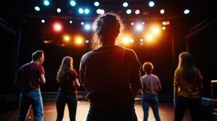 Silhouetted performer on stage with warm lighting other actors in background
