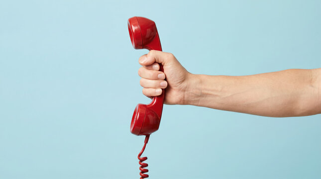 A person holding a classic red vintage telephone receiver against a blue background for customer support concept.
