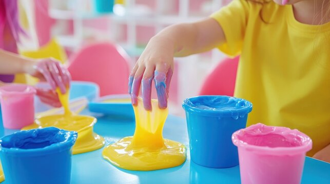 Colorful slime play kids hands exploring vibrant textures