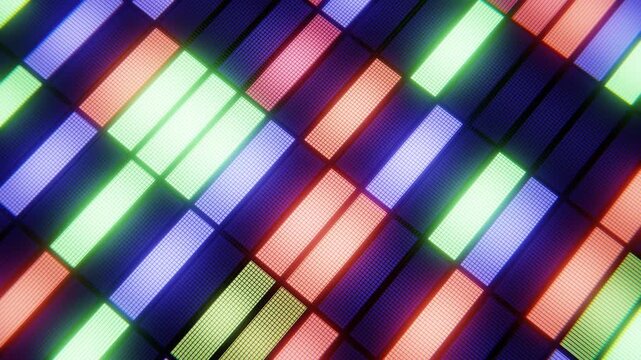 Retro led screen background with glowing colorful lights digital background. Seamless loop.