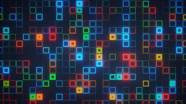 Led screen with glowing squares in neon colors in retro gaming tech style. digital art. Seamless loop.