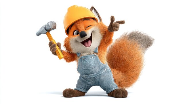 Cheerful cartoon fox with construction hat and tool, showcasing playful spirit in a vibrant and inviting pose