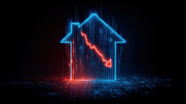 House market slump, a neon-lit house icon with a downward trending arrow symbolizes the decrease of property value and economic downturn. ..Created with Generative AI, not depicting real subjects.