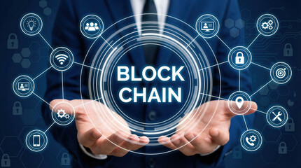 Obraz premium Businessman holding a virtual blockchain technology interface representing secure digital network and financial innovation.