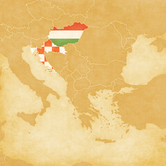 Ocher map of Balkans - Hungary and Croatia