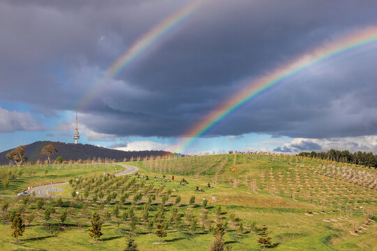 Rainbows over hills in Canberra