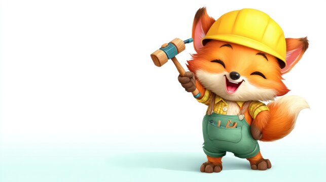 Happy cartoon fox character in a construction outfit holding a hammer with a cheerful expression on a white background