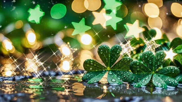 Fresh shamrock leaves with water droplets and festive bokeh lights