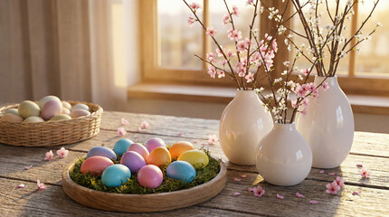 Obraz premium Easter holiday table decoration with colorful painted eggs and spring blossoms in white vases by a sunny window.