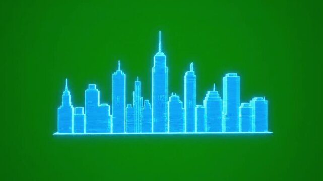 Stylized Neon City Skyline Outline on Green Background