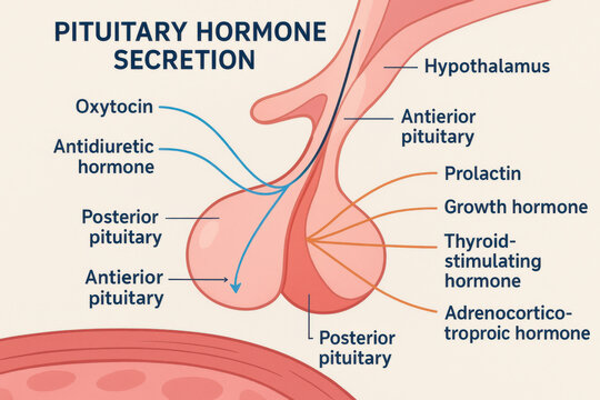 Anatomical medical illustration showing pituitary gland and hypothalamus. This labeled diagram details hormone secretion pathways within human endocrine system