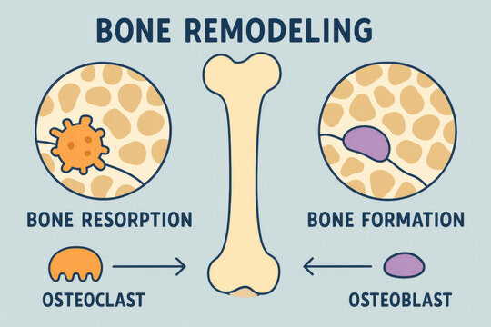 Skeletal health illustration explaining bone remodeling process. Diagram showing bone resorption with an osteoclast cell and bone formation with an osteoblast cell