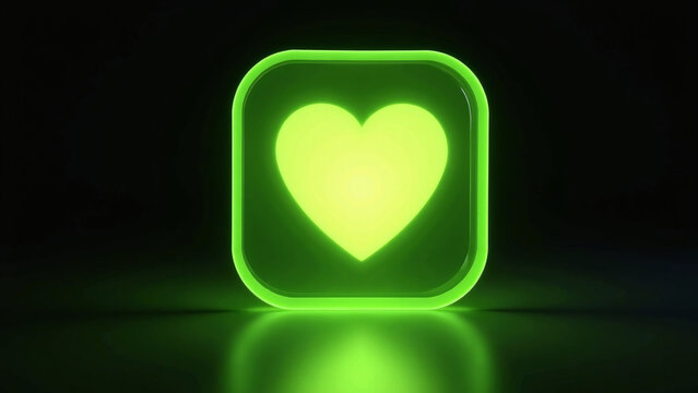 A glowing green heart icon shines against a dark background, its neon edges creating a modern, digital, and emotionally warm presence that feels energetic, soft, and inviting.
