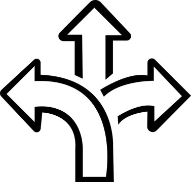 Choice between three roads icons. Three-way directional arrow collection. Way, road, direction, branching, arrows - stock vector. isolated on transparent background 